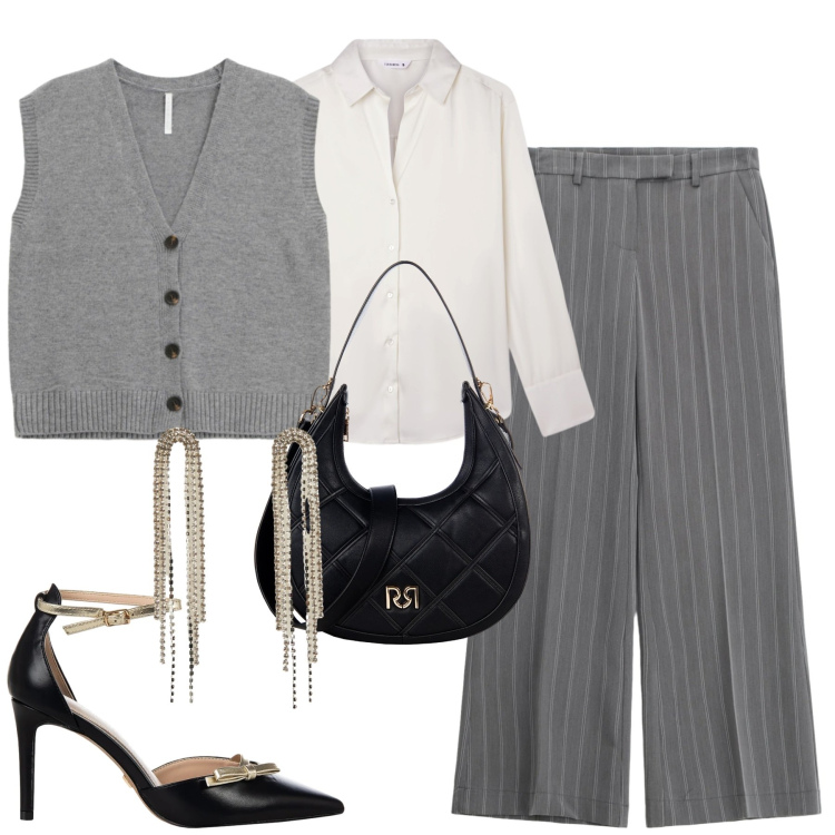 Outfit donna - Gennaio. Stile Urban per Tutti i giorni. Abbinamento con orecchini, camicie, gilet, pantaloni a palazzo, décolleté, borse a tracolla.