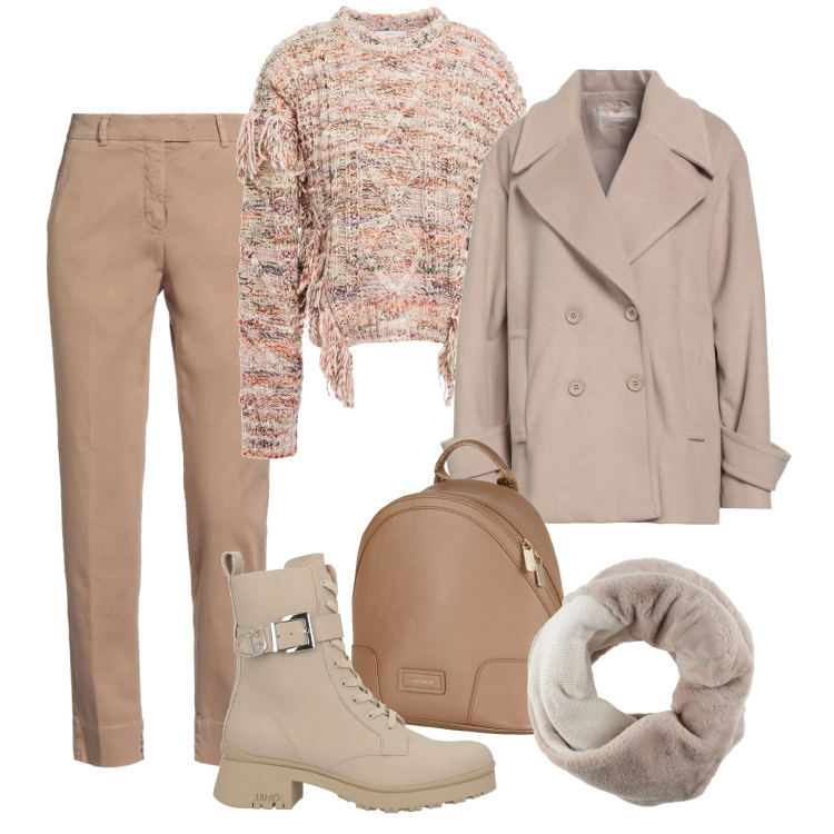 Outfit donna - Toni neutri. Stile Sporty chic per Tutti i giorni. Abbinamento con sciarpe, pantaloni skinny, caban, stivaletti, pullovers, zaini.