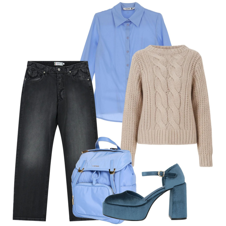 Outfit donna - Casual bon ton. Stile Bon Ton per Tutti i giorni. Abbinamento con zaini, décolleté, maglieria, jeans dritti, camicie.