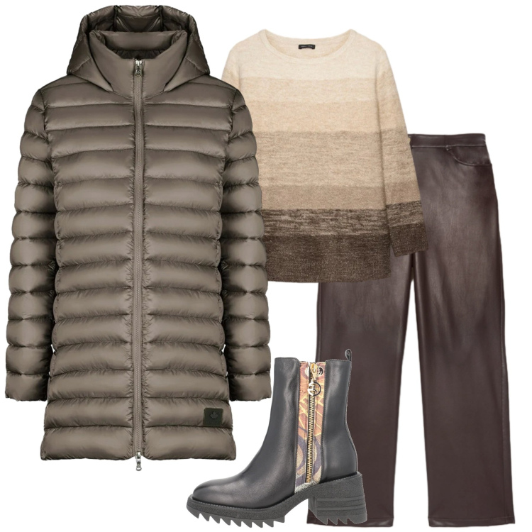 Outfit donna - Wrapped. Stile Casual chic per Tutti i giorni. Abbinamento con stivaletti, piumini, pantaloni chino, maglieria.