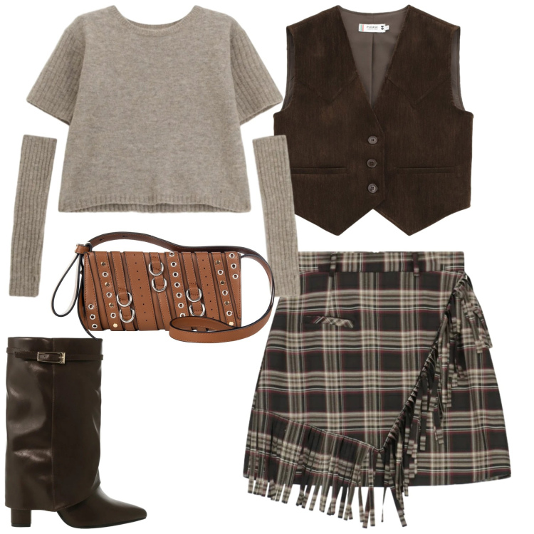 Outfit donna - Total look #2316476. Stile Trendy per Tutti i giorni. Abbinamento con gilet, minigonne, stivali, maglieria, borse a spalla.