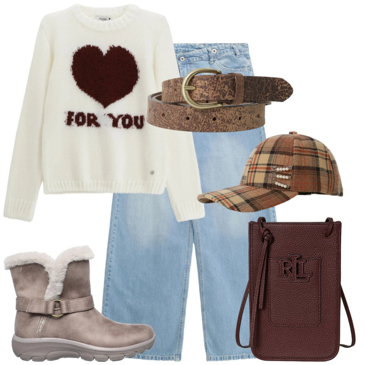 Outfit donna - Coccole, Please!. Stile Casual per Tutti i giorni. Abbinamento con cappelli con visiera, cinture, pullovers, jeans, borse a tracolla, stivaletti.