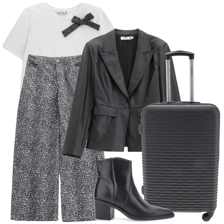 Outfit donna - In viaggio con Please. Stile Trendy per Tutti i giorni. Abbinamento con pantaloni, blazer, t-shirt, stivaletti, valigie.