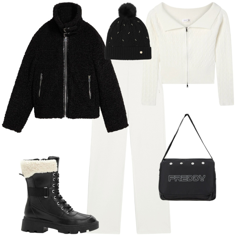 Outfit donna - Sporty chic. Stile Sporty chic per Serata fuori. Abbinamento con ecopellicce, anfibi, maglieria, pantaloni, borse messenger, berretti.