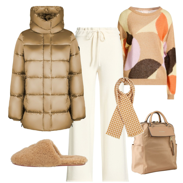 Outfit donna - Color cammello. Stile Urban per Tutti i giorni. Abbinamento con sciarpe, pullovers, pantofole, zaini, pantaloni, piumini.