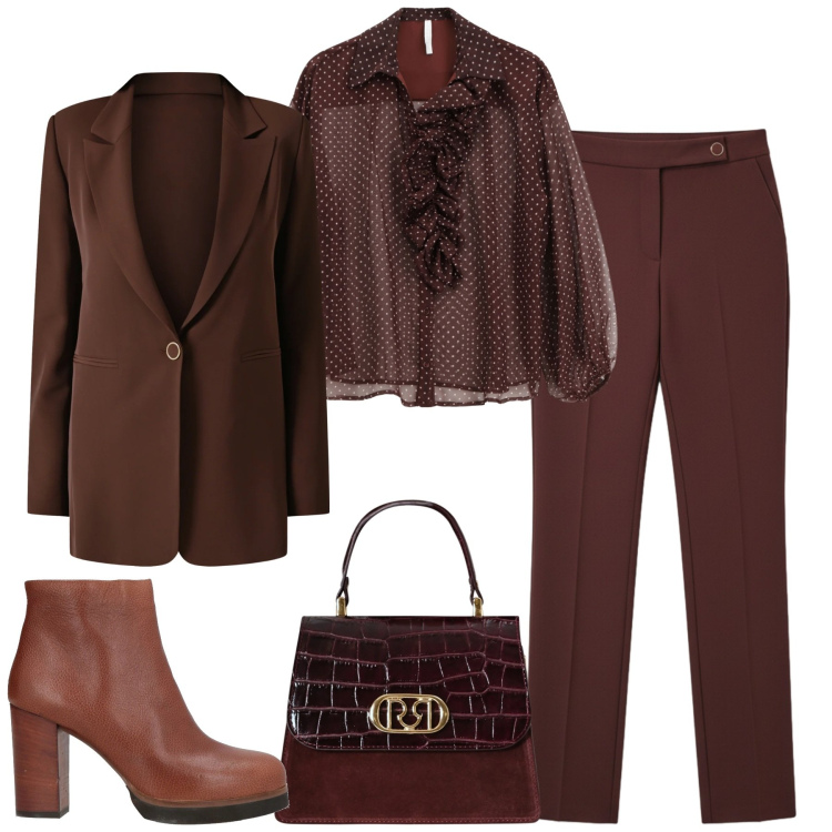 Outfit donna - Prugna. Stile Chic per Tutti i giorni. Abbinamento con stivaletti, camicie, borse a mano, blazer, pantaloni skinny.