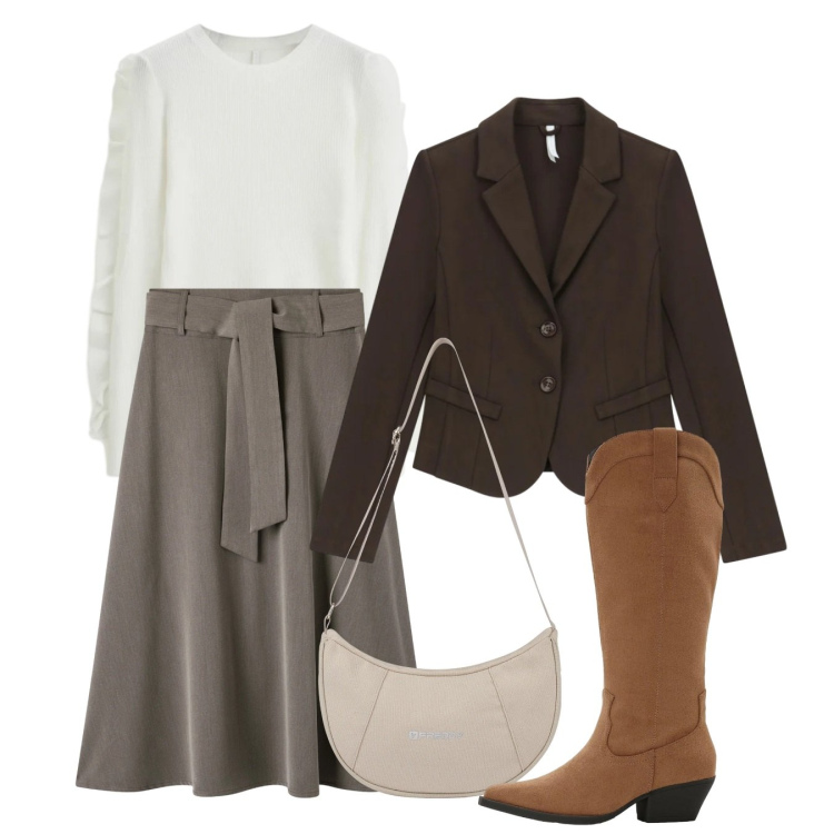 Outfit donna - Moro e bianco. Stile Bon Ton per Tutti i giorni. Abbinamento con stivali, gonne lunghe, maglieria, blazer, borse a spalla.