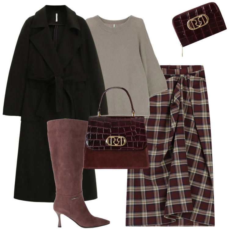 Outfit donna - City. Stile Trendy per Tutti i giorni. Abbinamento con stivali, gonne longuette, cappotti, maglieria, portafogli, borse a mano.