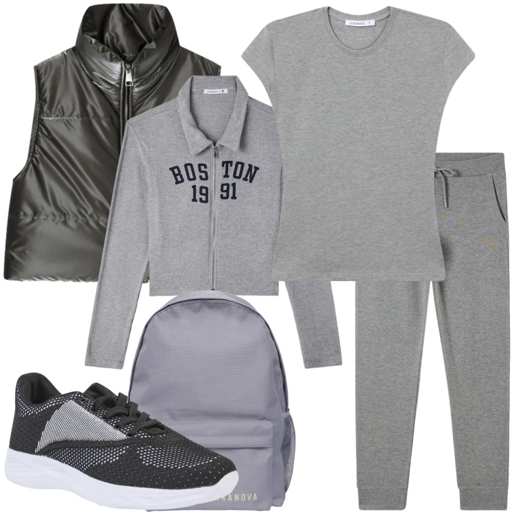 Outfit donna - In grigio. Stile Sporty chic per Sport. Abbinamento con pantaloni, sneakers, zaini, t-shirt, piumini, felpe.