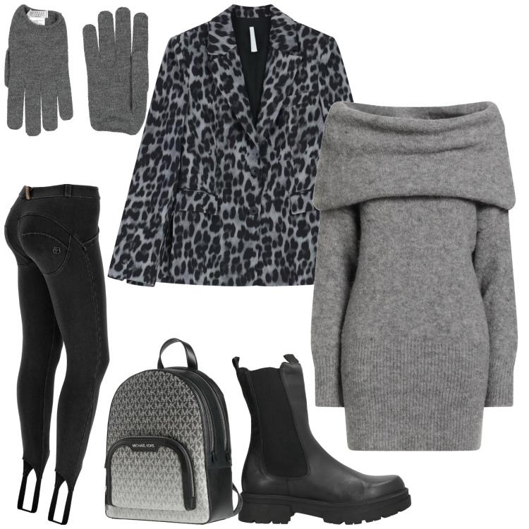 Outfit donna - Total look #2316509. Stile Chic per Tutti i giorni. Abbinamento con maglieria, stivaletti, zaini, guanti, blazer, jeggings.