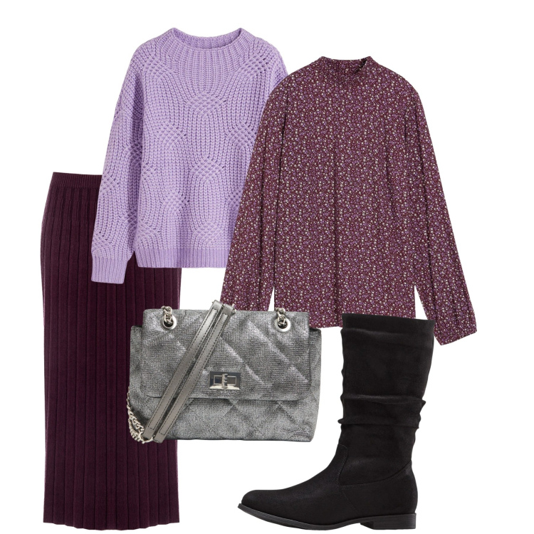 Outfit donna - Purple day. Stile Bon Ton per Tutti i giorni. Abbinamento con maglieria, bluse, stivali, borse a tracolla, gonne longuette.