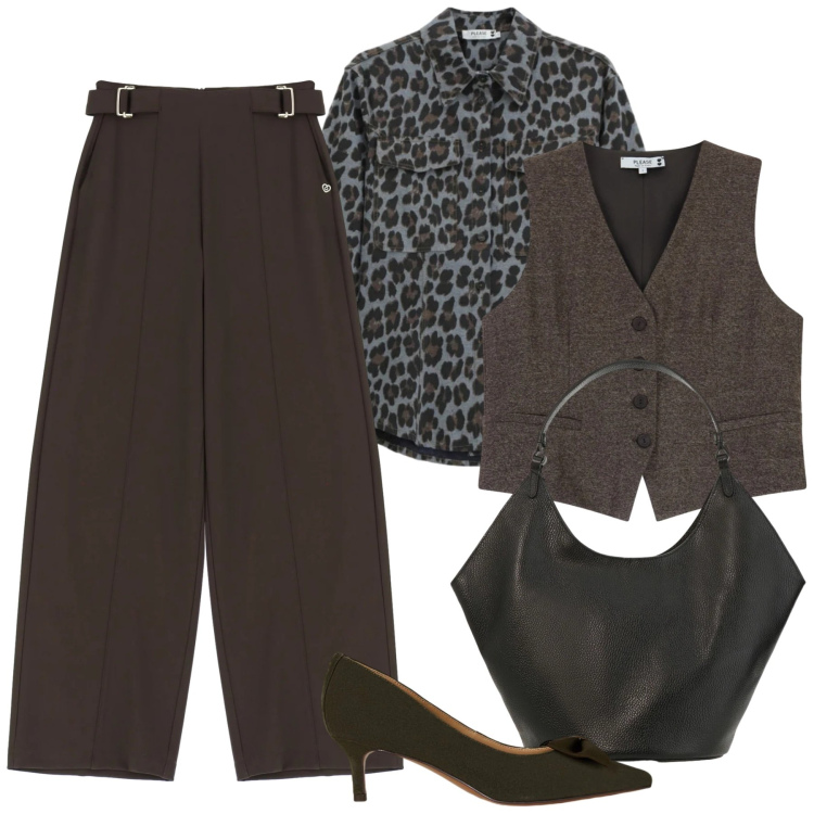 Outfit donna - Testa di moro by Please. Stile Trendy per Ufficio. Abbinamento con pantaloni a palazzo, camicie, gilet, décolleté, borse a spalla.