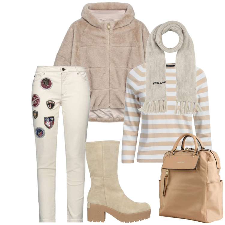 Outfit donna - Total look #2316519. Stile Casual chic per Tutti i giorni. Abbinamento con jeans slim fit, stivaletti, pullovers, zaini, sciarpe, ecopellicce.