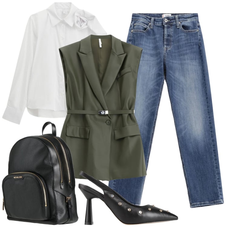 Outfit donna - My style - gennaio. Stile Trendy per Ufficio. Abbinamento con décolleté, zaini, jeans, gilet, camicie.
