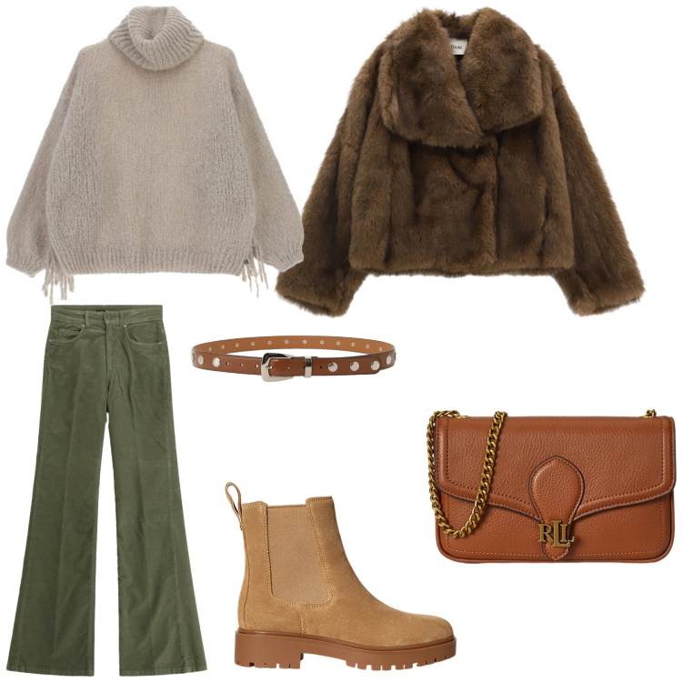 Outfit donna - I colori della natura. Stile 70s per Tutti i giorni. Abbinamento con cinture, stivaletti chelsea, clutch, jeans, blazer, maglieria.