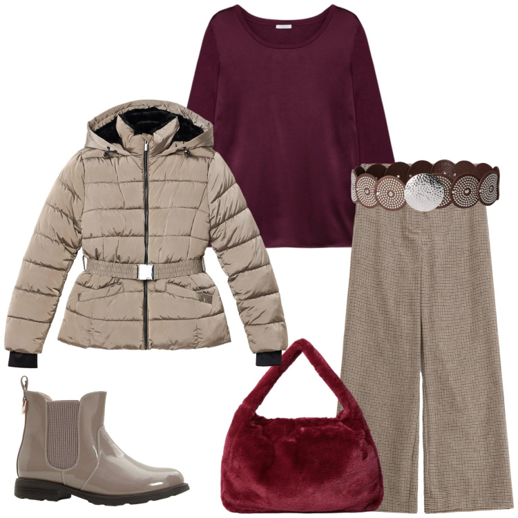 Outfit donna - Total look #2316522. Stile Casual chic per Tutti i giorni. Abbinamento con stivaletti chelsea, piumini, cinture, pantaloni a palazzo, bluse, borse a spalla.