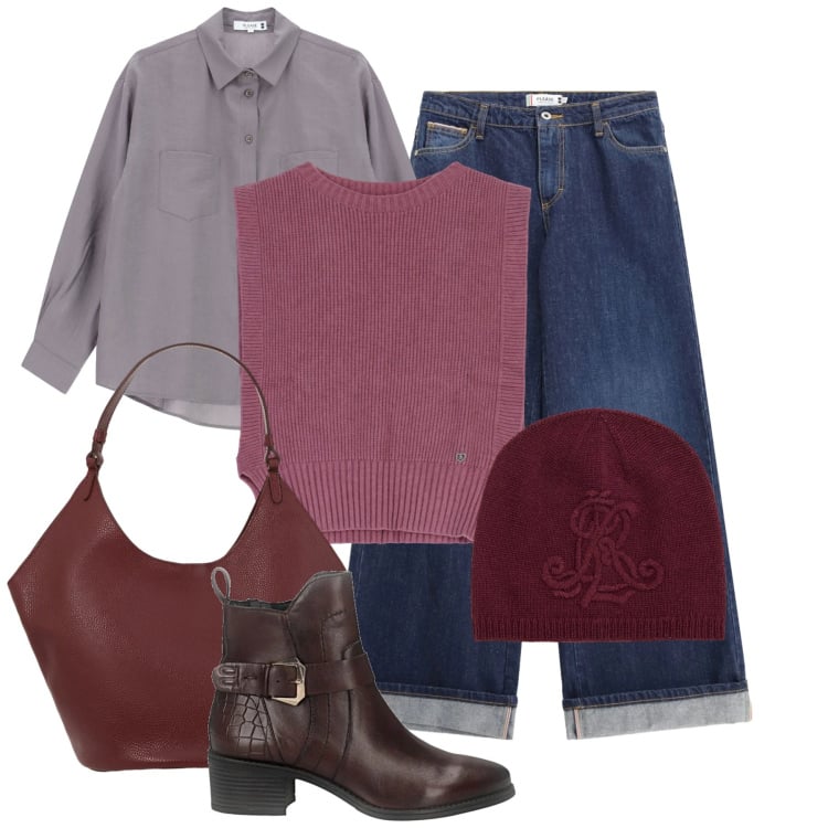 Outfit donna - Mix & match. Stile Sporty chic per Tutti i giorni. Abbinamento con jeans, maglieria, camicie, borse a spalla, berretti, stivaletti.