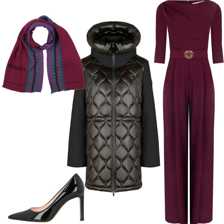 Outfit donna - Wrapped in style: piumino lungo. Stile Chic per Serata fuori. Abbinamento con décolleté, sciarpe, tute, cappotti.