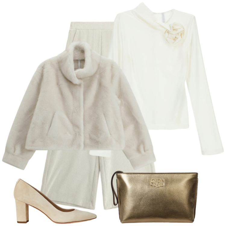 Outfit donna - Toni chiari by Imperial. Stile Bon Ton per Serata fuori. Abbinamento con ecopellicce, t-shirt, pantaloni a palazzo, décolleté, pochette.