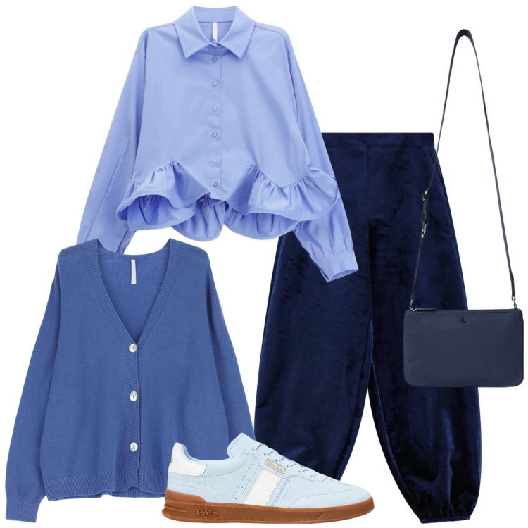 Outfit donna - Saldi in blu. Stile Bon Ton per Tutti i giorni. Abbinamento con pantaloni a palazzo, cardigans, camicie, borse a tracolla, sneakers.