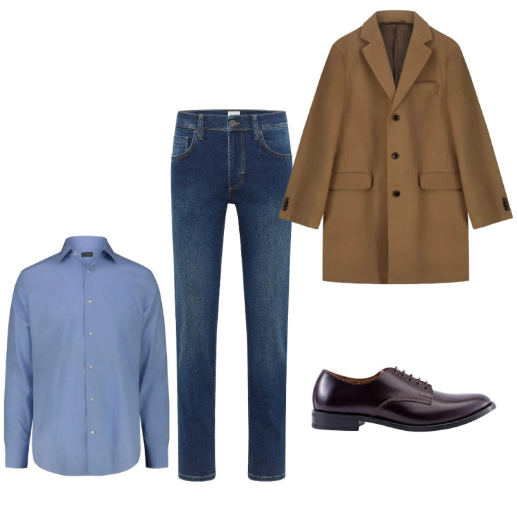Outfit uomo - Buon gusto non mente. Stile Business/Elegante per Ufficio. Abbinamento con jeans dritti, scarpe stringate, camicie, cappotti.