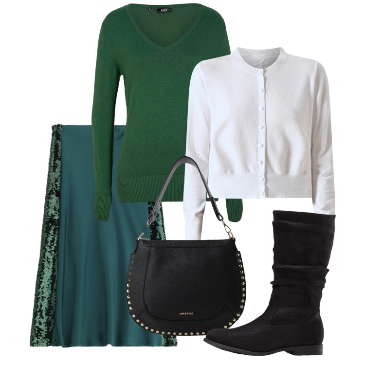 Outfit donna - Gennaio. Stile Chic per Serata fuori. Abbinamento con maglieria, stivali, cardigans, gonne lunghe, borse a spalla.