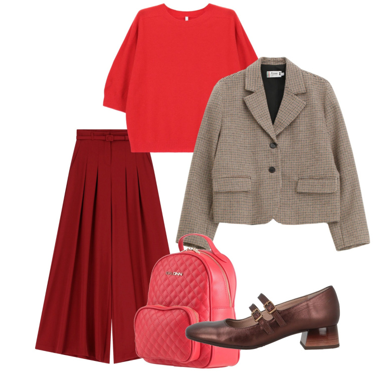 Outfit donna - Pretty. Stile Bon Ton per Tutti i giorni. Abbinamento con décolleté, zaini, blazer, pantaloni a palazzo, maglieria.