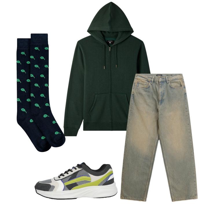 Outfit uomo - Total look #2316561. Stile Urban per Tutti i giorni. Abbinamento con felpe con cappuccio, sneakers, jeans, calzini.