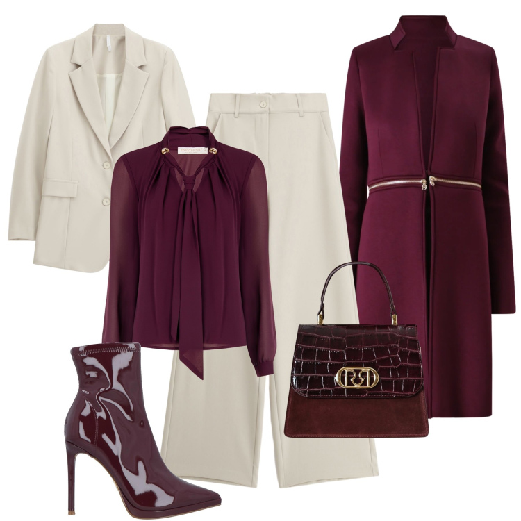 Outfit donna - Il cappotto chic 2 in 1. Stile Glamour per Serata fuori. Abbinamento con stivaletti, blazer, pantaloni a palazzo, bluse, cappotti, borse a mano.