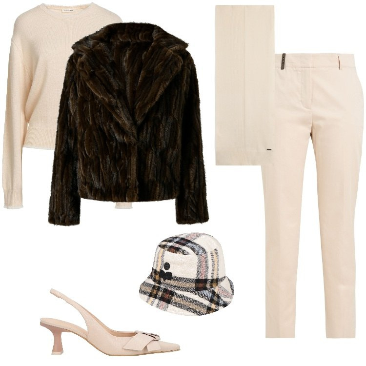Outfit donna - Total look #2316565. Stile Casual chic per Tutti i giorni. Abbinamento con cappelli, pantaloni, décolleté, pullovers, sciarpe, blazer.