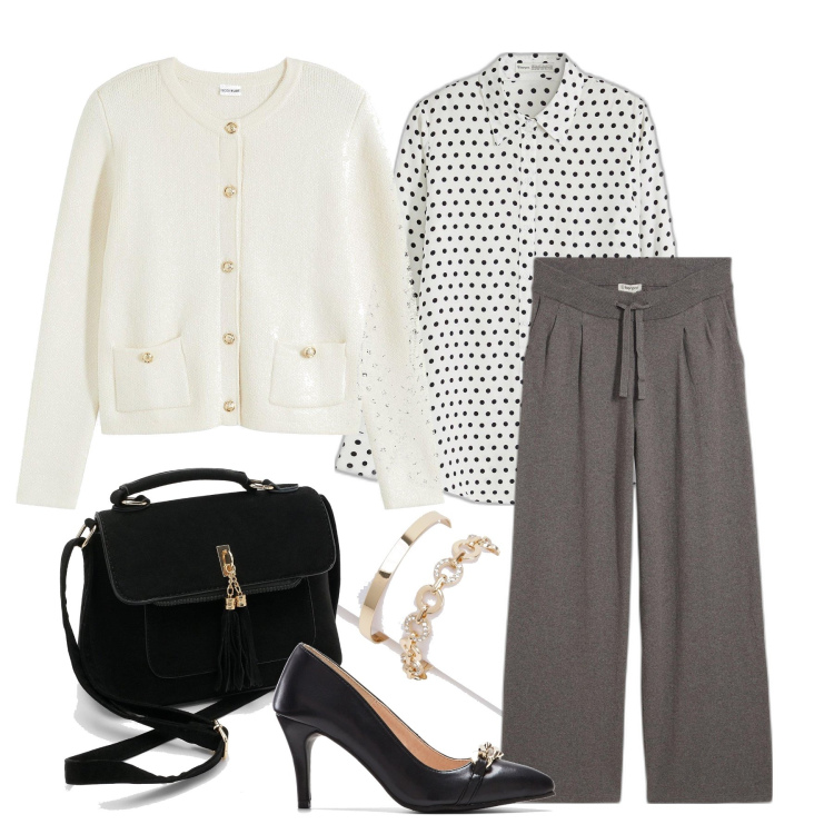 Outfit femme - Janvier. Style Chic pour Bureau. Assortir avec pantalon , chaussures à talon, pulls, chemisiers, sacs en bandoulière, bracelets.