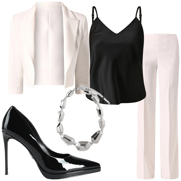 Outfit donna - Eleganza Essenziale in Bianco e Nero. Stile Chic per Serata fuori. Abbinamento con culotte, décolleté, pantaloni a palazzo, blazer, top, ciondoli.