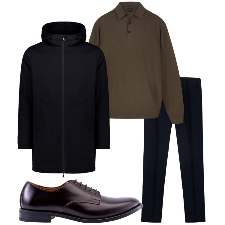 Outfit uomo - Minimal invernale. Stile Business/Elegante per Ufficio. Abbinamento con scarpe stringate, pantaloni, parka, maglieria.