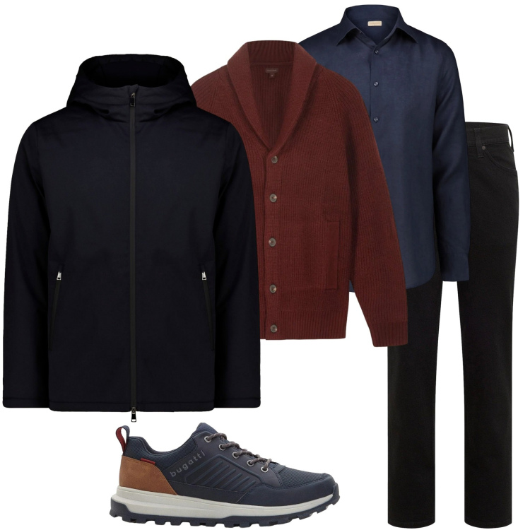 Outfit uomo - Minimal freddo. Stile Urban per Ufficio. Abbinamento con sneakers, jeans dritti, camicie, parka, cardigans.