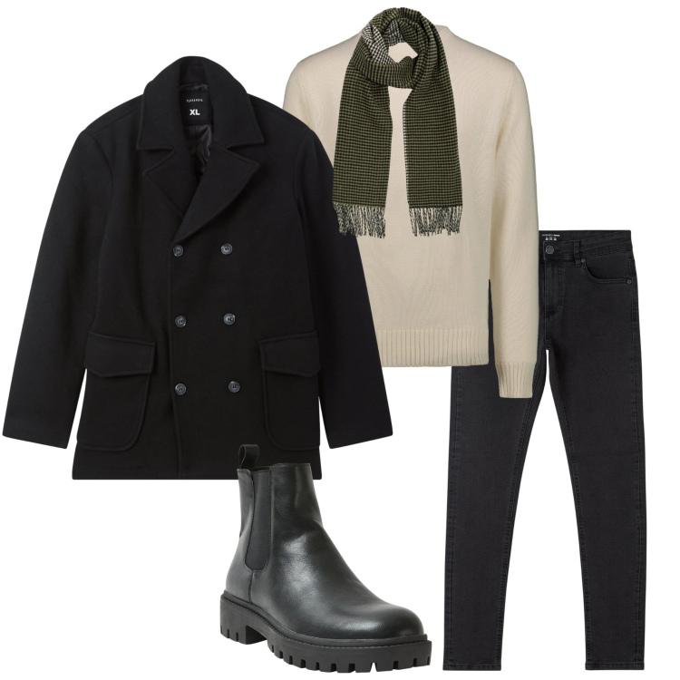 Outfit uomo - Minimal freddo. Stile Urban per Ufficio. Abbinamento con jeans skinny, caban, stivali e stivaletti, maglieria, sciarpe.