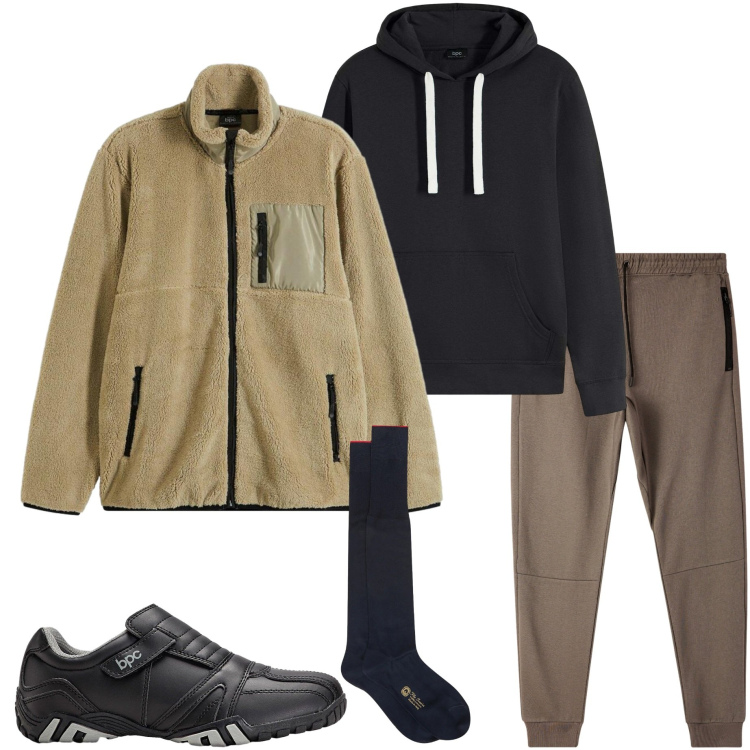 Outfit uomo - Weekend lento. Stile Casual per Sport. Abbinamento con felpe con cappuccio, giacche sportive, scarpe sportive, pantaloni sportivi, calzini.