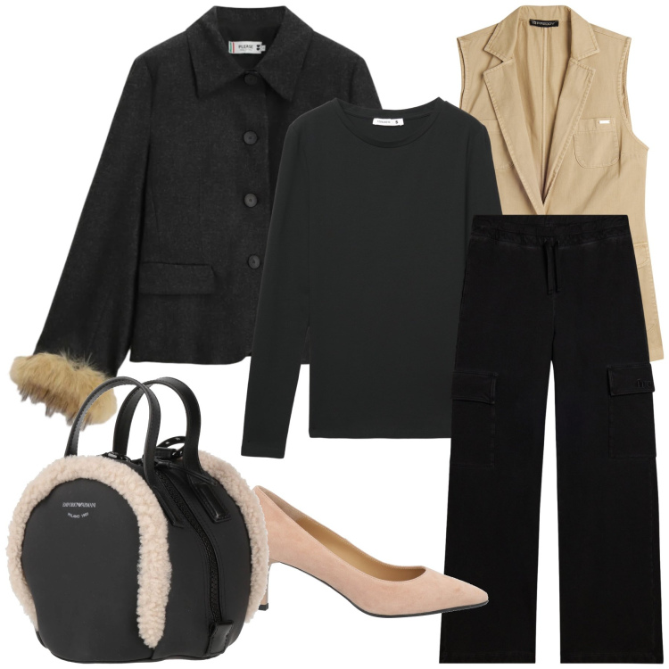 Outfit donna - Ufficio elegantemente chic al rientro. Stile Chic per Ufficio. Abbinamento con zaini, décolleté, t-shirt, blazer, pantaloni cargo, gilet.