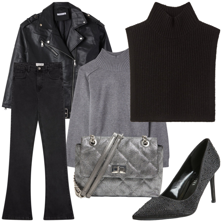 Outfit donna - Al ristorante in Terranova risparmiosa. Stile Glamour per Serata fuori. Abbinamento con jeans a zampa, maglieria, borse a tracolla, maglieria, décolleté, giacche.