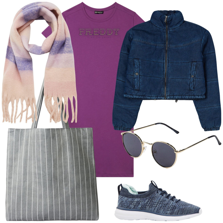 Outfit donna - Giornata di commissioni. Stile Basic per Tutti i giorni. Abbinamento con sneakers, occhiali da sole, sciarpe, shopping bag, blazer, vestiti.