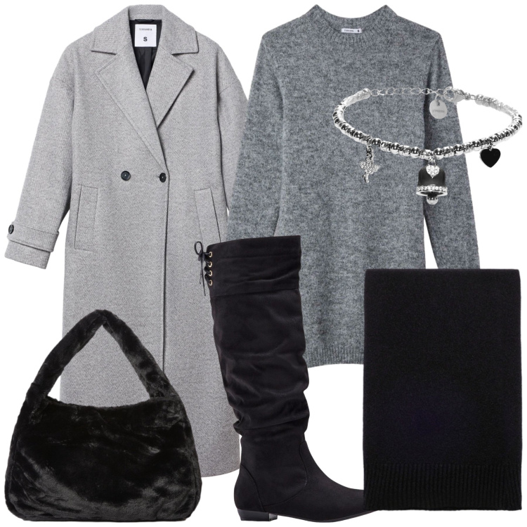 Outfit donna - In città. Stile Urban per Tutti i giorni. Abbinamento con stivali, cappotti, vestiti corti, braccialetti, borse a spalla, sciarpe.