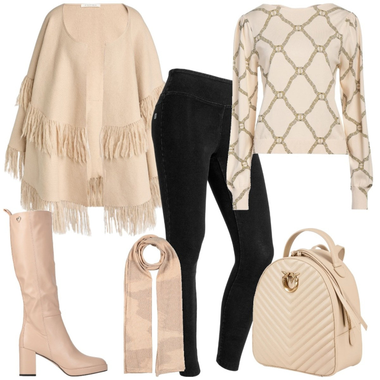 Outfit donna - Pieno inverno. Stile Trendy per Tutti i giorni. Abbinamento con pullovers, zaini, sciarpe, stivali, cappe, jeggings.