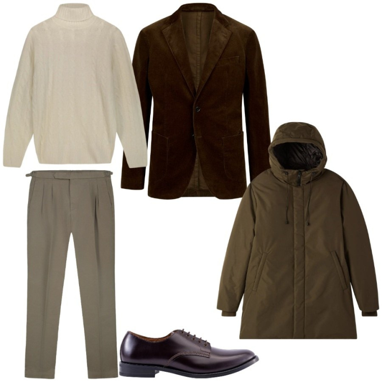 Outfit uomo - Toni pieni per la giornata in ufficio. Stile Trendy per Tutti i giorni. Abbinamento con parka, maglieria, pantaloni, scarpe stringate, giacche.