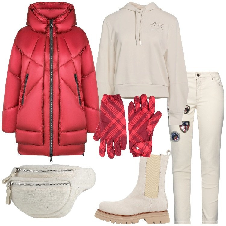 Outfit donna - Wrapped in Style. Stile Sporty chic per Tutti i giorni. Abbinamento con jeans slim fit, marsupi, stivaletti, felpe con cappuccio, guanti, piumini.