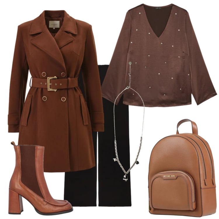 Outfit donna - Total look #2316729. Stile Casual chic per Ufficio. Abbinamento con stivaletti chelsea, zaini, ciondoli, trench, bluse, pantaloni a palazzo.