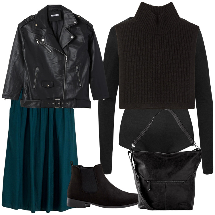 Outfit donna - Total look #2316741. Stile Casual chic per Tutti i giorni. Abbinamento con gonne lunghe, borse a spalla, body, stivaletti chelsea, maglieria, giacche.