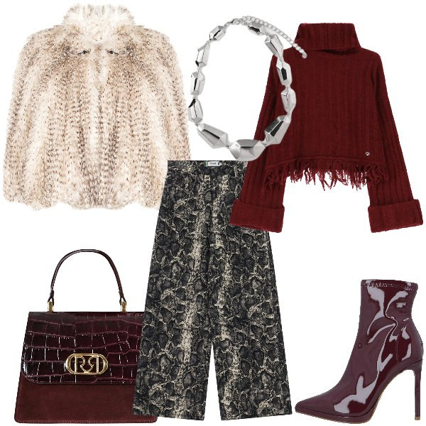 Outfit donna - Total look #2316754. Stile Boho per Tutti i giorni. Abbinamento con stivaletti, maglieria, pantaloni a palazzo, ecopellicce, borse a mano, ciondoli.