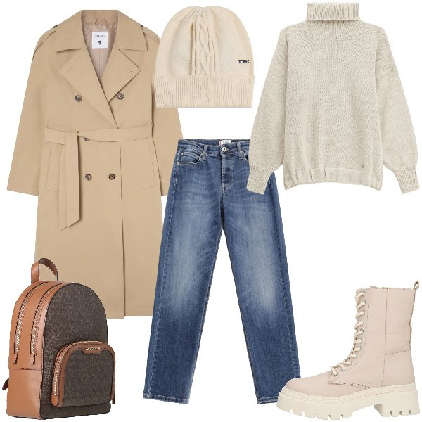 Outfit donna - Total look #2316756. Stile Basic per Tutti i giorni. Abbinamento con stivaletti, zaini, trench, jeans, maglieria, berretti.