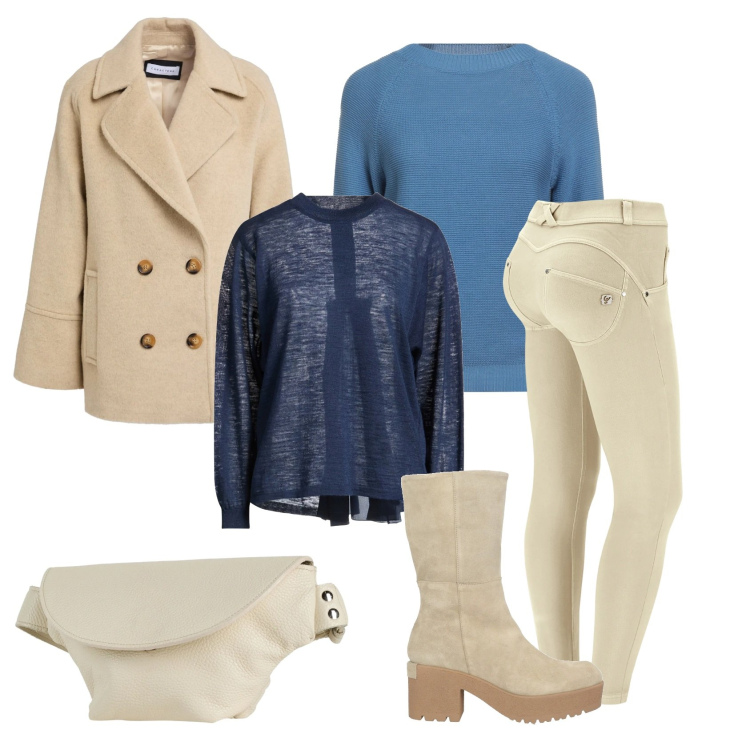 Outfit donna - Total look #2316763. Stile Casual chic per Ufficio. Abbinamento con stivaletti, cappotti, pullovers, marsupi, pullovers, pantaloni skinny.