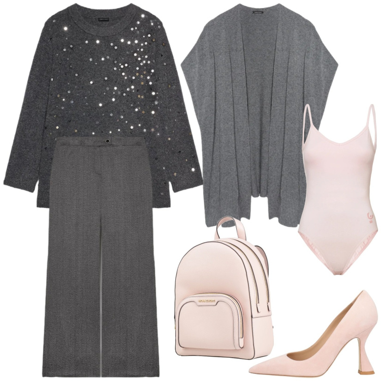 Outfit donna - Total look #2316769. Stile Chic per Serata fuori. Abbinamento con décolleté, zaini, body, maglieria, pantaloni, gilet.