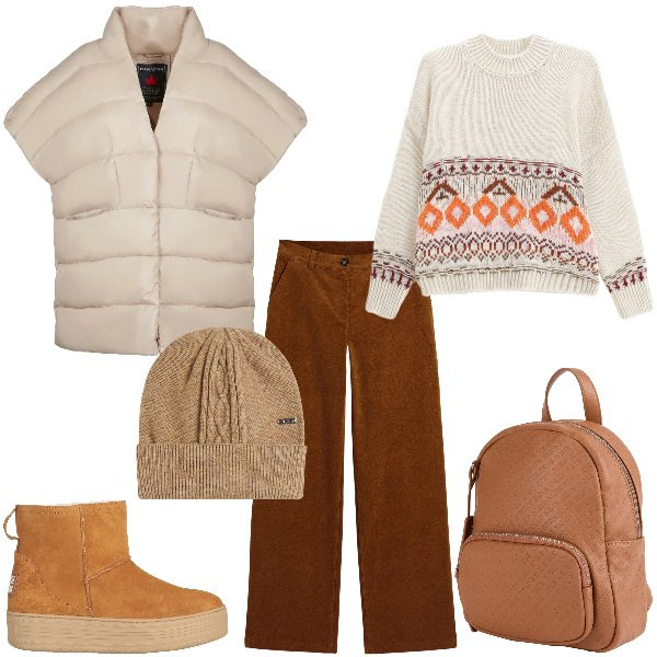 Outfit donna - Total look #2316775. Stile Casual per Tutti i giorni. Abbinamento con pantaloni, stivaletti, zaini, maglieria, berretti, piumini.